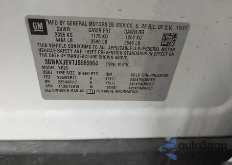 2018 Chevrolet Equinox Lt из США, поврежденный, VIN 3GNAXJEV7JS565664